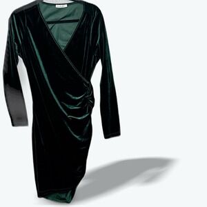 Guberry Women's Velvet Ruched‎ Bodycon Dress Long Sleeve V-Neck Green Size Large